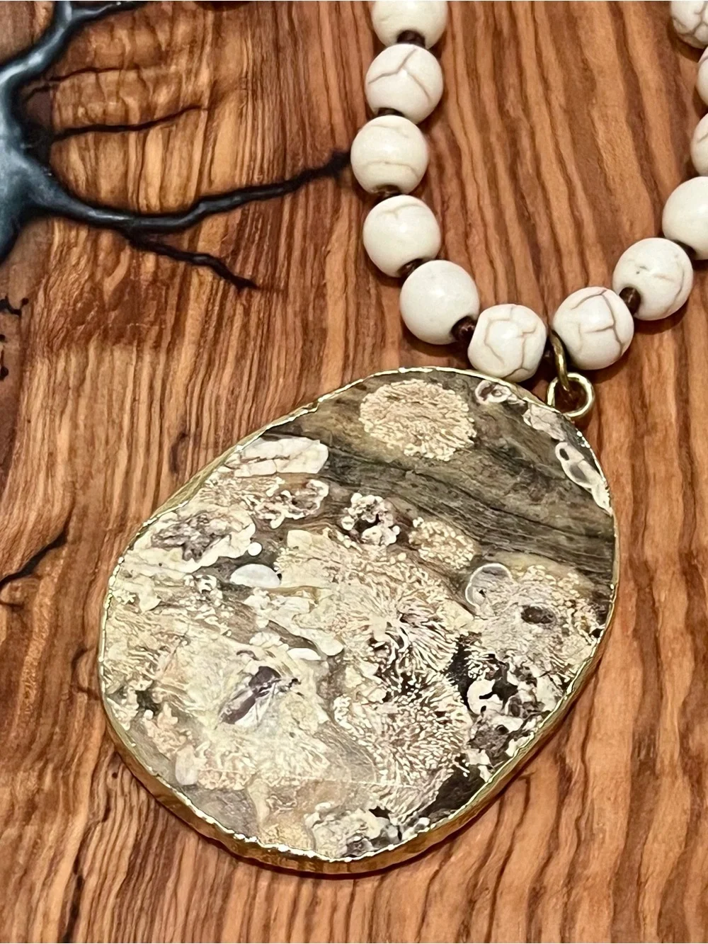 Natural Stone Bead Necklace with Textured Gold Pendant - Cream